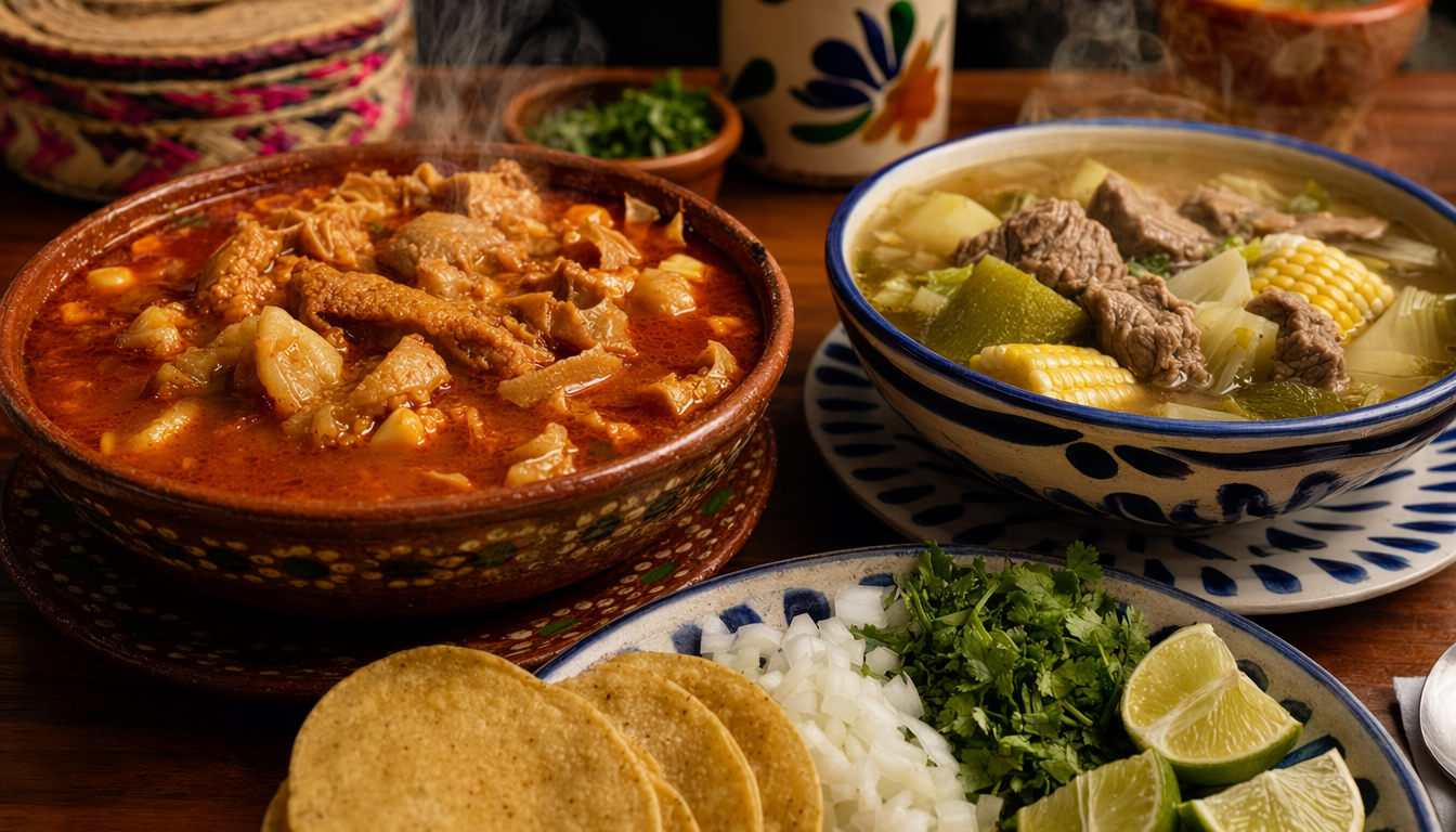 Two bowls of traditional Mexican soups side by side — rich red menudo in red chili broth and clear beef broth caldo de res — served with corn tortillas, diced white onion, cilantro, and lime