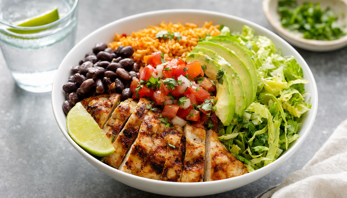 Nutritious Mexican lunch bowl with grilled chicken, black beans, Mexican red rice, fresh pico de gallo, sliced avocado, and shredded lettuce in a white ceramic bowl