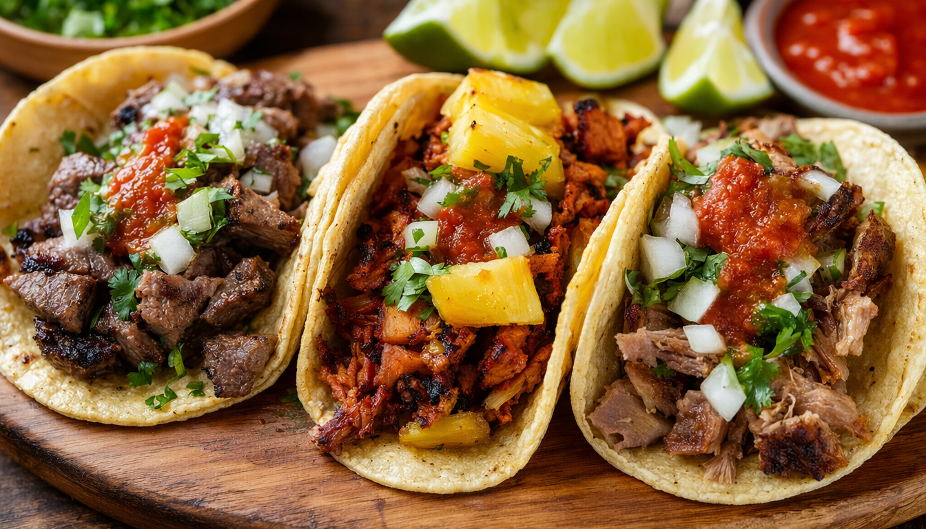 Three authentic Mexican street tacos — carne asada, al pastor with pineapple, and carnitas — topped with white onion, cilantro, and lime on a wooden board