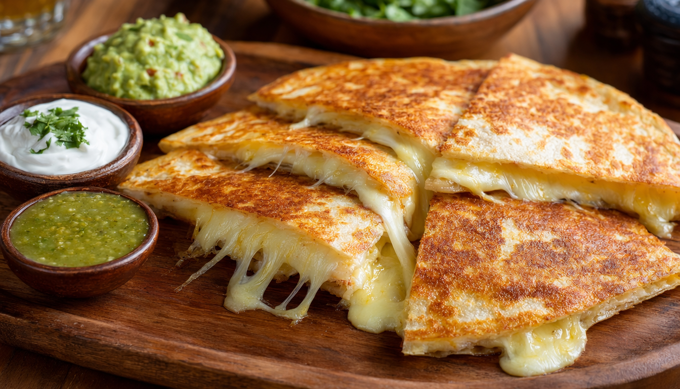 Golden crispy Mexican cheese quesadilla cut into triangles on a wooden board, oozing melted Oaxacan cheese, served with guacamole, sour cream, and fresh salsa verde